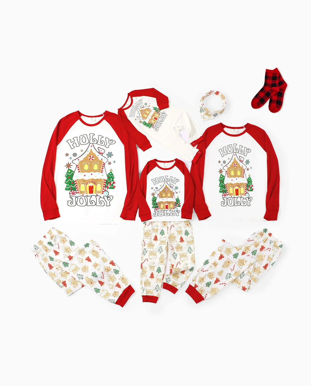 PatPat Matching Family Christmas Pajamas Gingerbread House & Christmas Tree Print Red