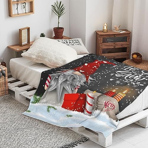 Christmas Throw Blanket, Merry Christmas Gnome Xmas Gifts Winter Snowflakess, Living Room/Bedroom/Sofa Couch Warm Soft Bed Flannel Blanket for Children Adults All Season 60"X50"
