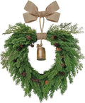 Christmas Wreath for Front Door, Heart-Shaped Holiday Wreath with Bell & Real Pine Cones, Artificial Green Leaves for Indoor & Outdoor Wall Decor, Garden Party Decoration (20 inches)