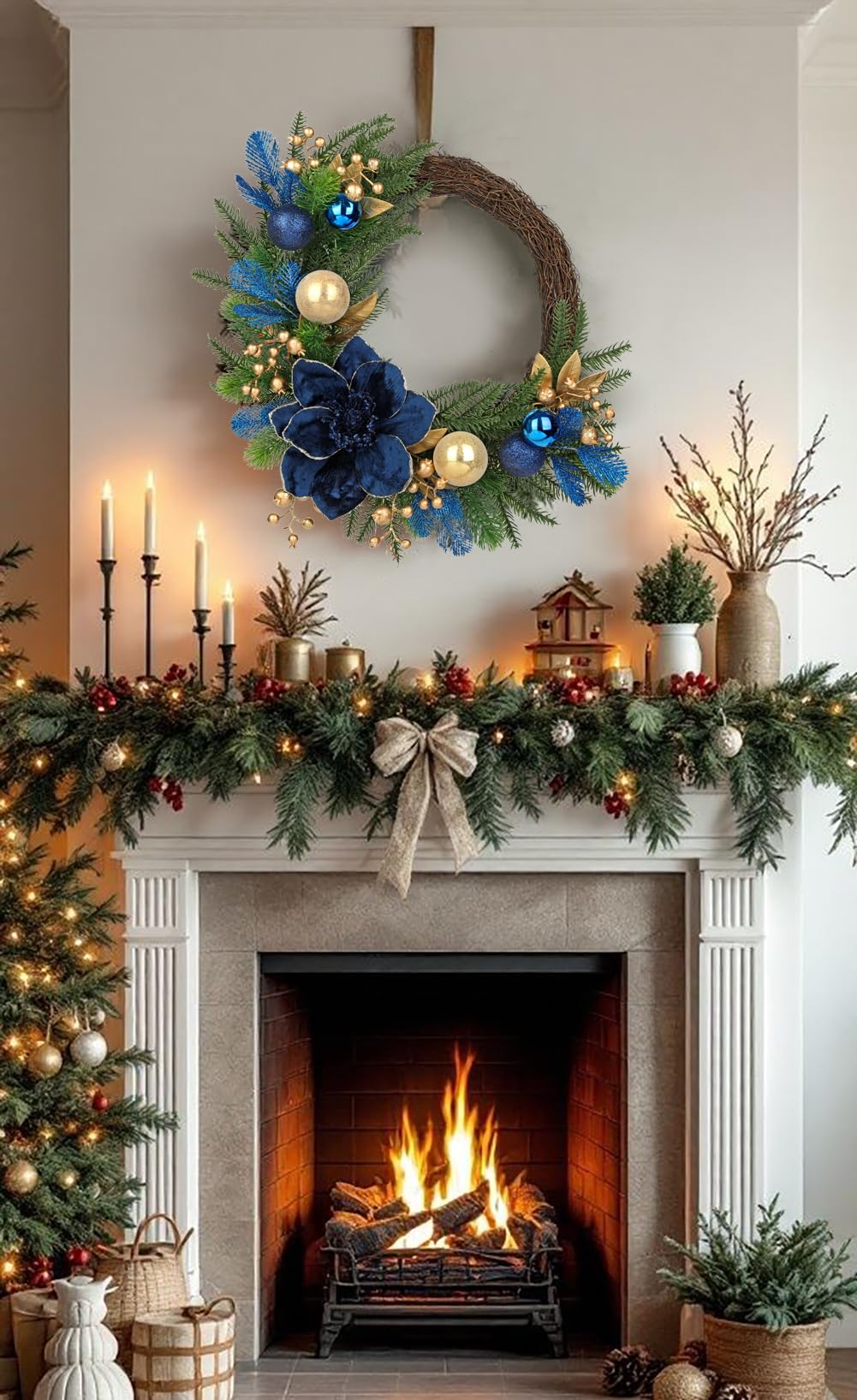 "20" Christmas Wreath for Front Door – Artificial Winter Half Wreath with Blue Velvet Maglonia Flower, Ball Ornaments, Berry Clusters for Indoor & Covered Outdoor Holiday Christmas Decoration "