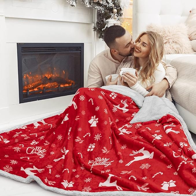 PAVILIA Premium Christmas Sherpa Throw Blanket | Christmas Decoration Gift, Fleece, Plush, Warm, Cozy Reversible Microfiber Holiday Blanket | Red Reindeer - 50x60