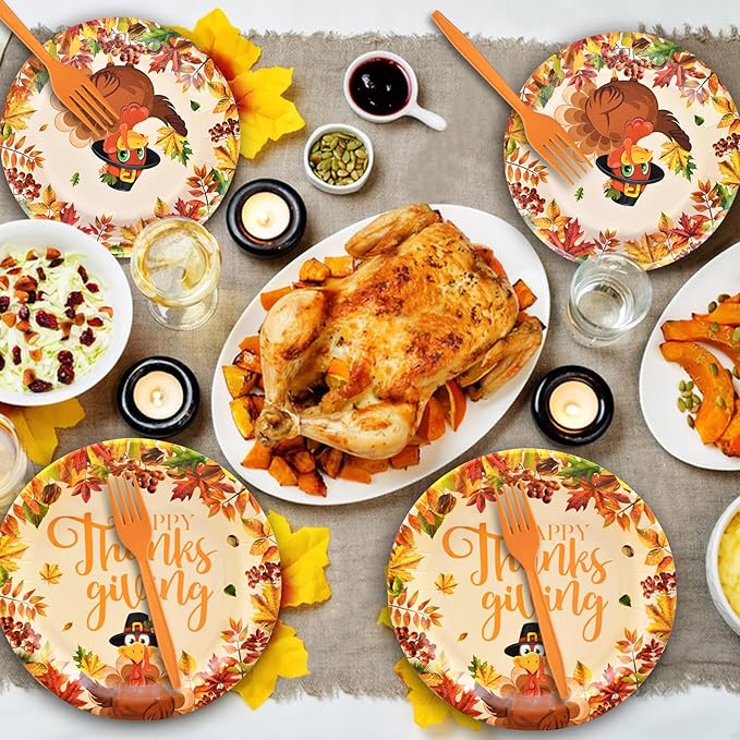 100 Pcs Thanksgiving Turkey Tableware Party Supplies – Disposable Fall Dinnerware Set with Paper Plates, Napkins, and Forks for Autumn Celebrations, Friendsgiving, and Thanksgiving Dinner – Serves 25