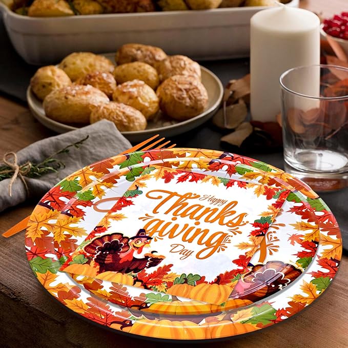 96 Pieces Happy Thanksgiving Tableware Set Party Supplies - Fall Harvest Pattern Disposable Dinnerware with Paper Plates, Napkins, Forks for Autumn and Thanksgiving Dinner BBQ Picnic Favors