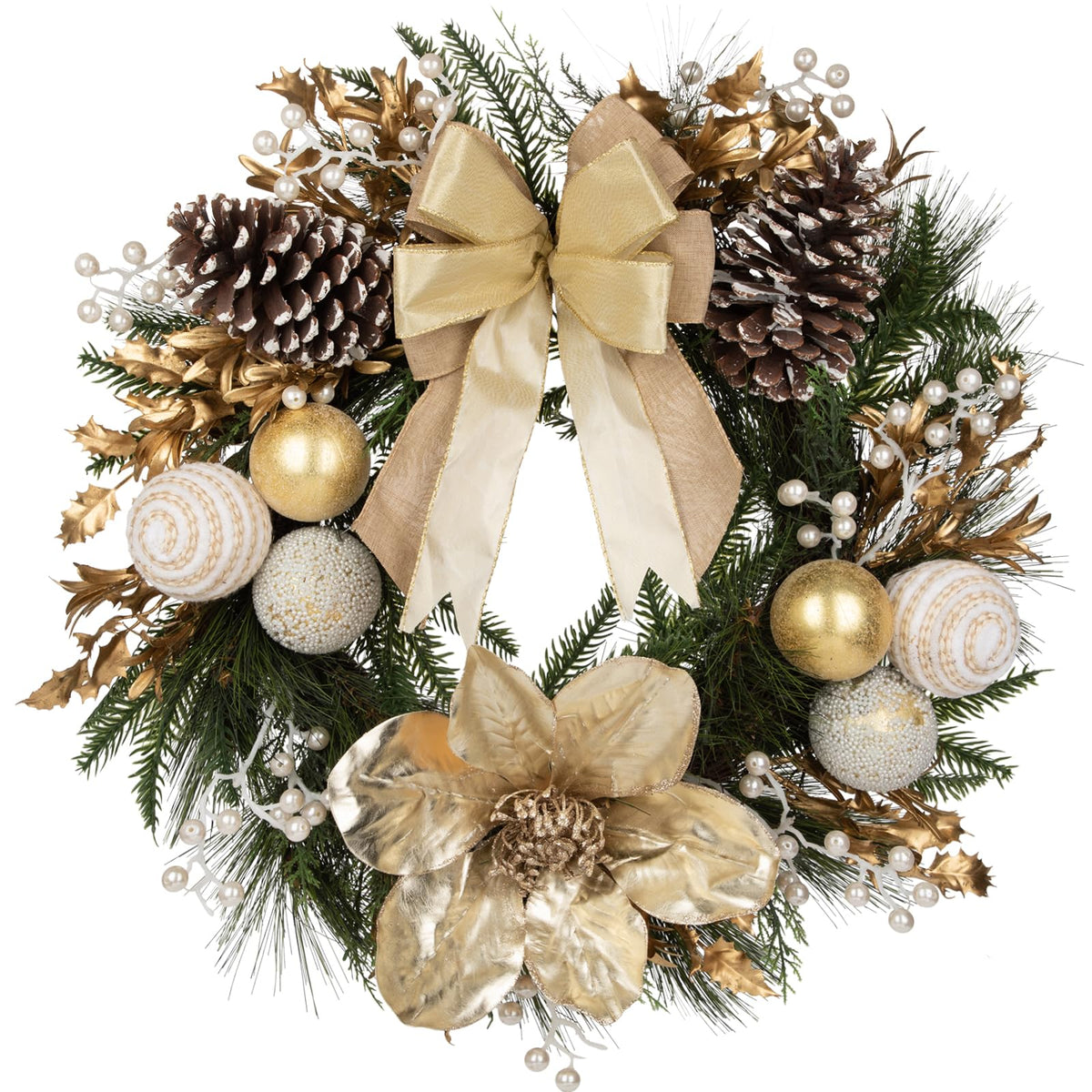 24” Champagne Christmas Wreaths for Front Door with Magnolia Fake Pearl, Christmas Door Wreath with Bow Golden Balls, Pine Needles Pine Cones for Home Wall Window Indoor Outdoor Xmas & Holiday Decor