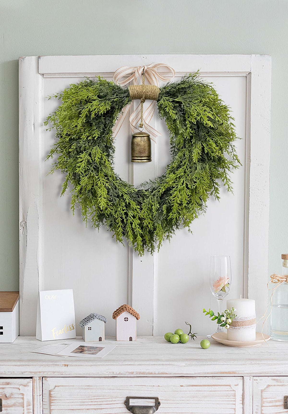 20" Heart-Shaped Wreath for Front Door – Faux Greenery with Rustic Bell – Waterproof & Fade-Resistant Christmas Decor for Porch, Holiday Wall or Indoor Use