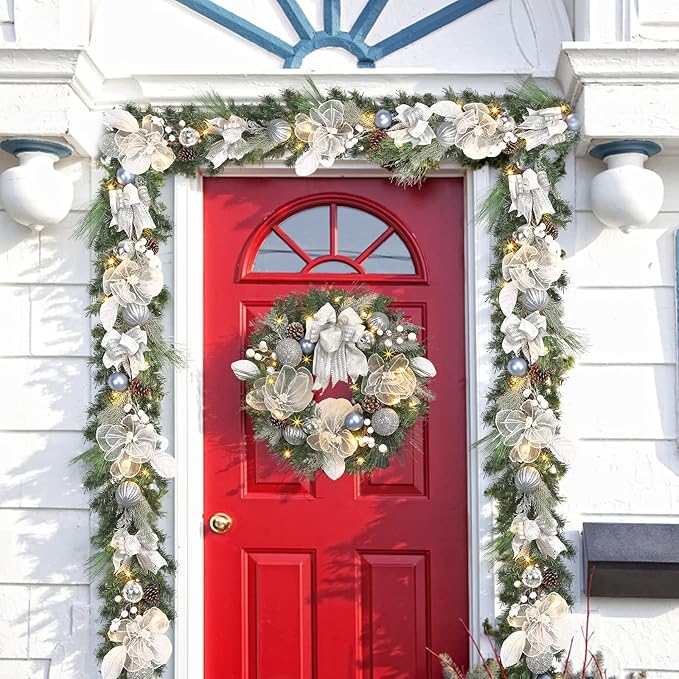 Lighted Christmas Wreath for Front Door with 20 LED Lights,22inch prelit Christmas Wreath with Big Flower and Ball Ornament,Winter Porch Decor,Indoor Outdoor Christmas Silver White Decorations