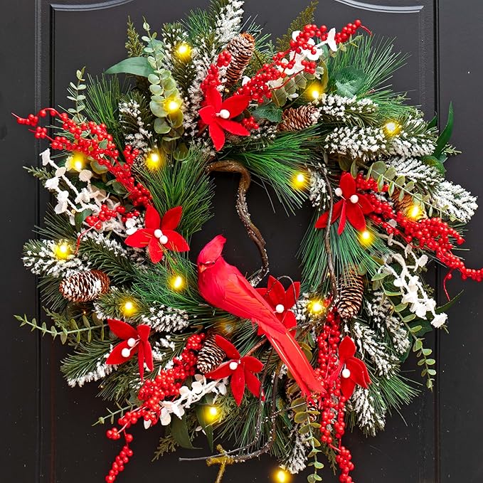 Christmas Wreath with Lights, Soomeir 24 Inch Lighted Christmas Wreaths for Front Door with Pine Needles and Berries, Large Prelit Wreath for Holiday Winter Window Outdoor Indoor Xmas