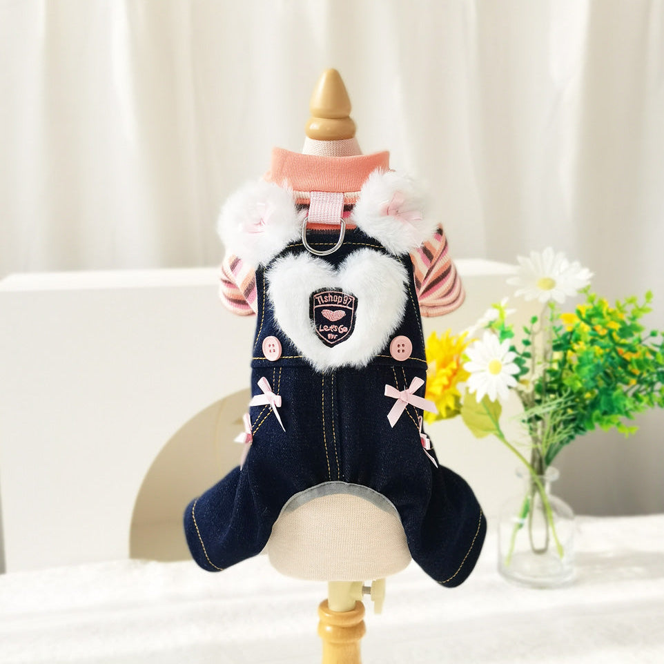 Fleece Sweet Heart Striped Denim Dog Jumpsuits