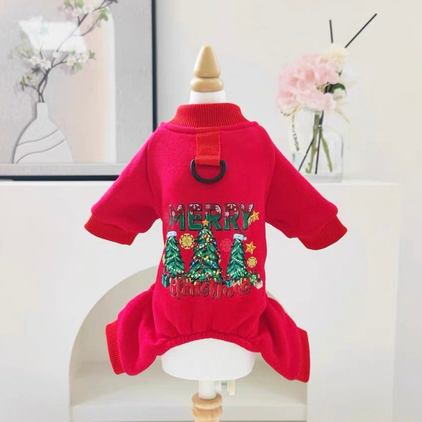 Christmas Printed Fleece Dog Harness Jumpsuits