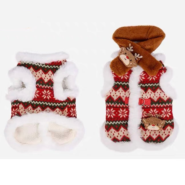 Christmas Elk Furry Dog Cat Jacket with Scarf
