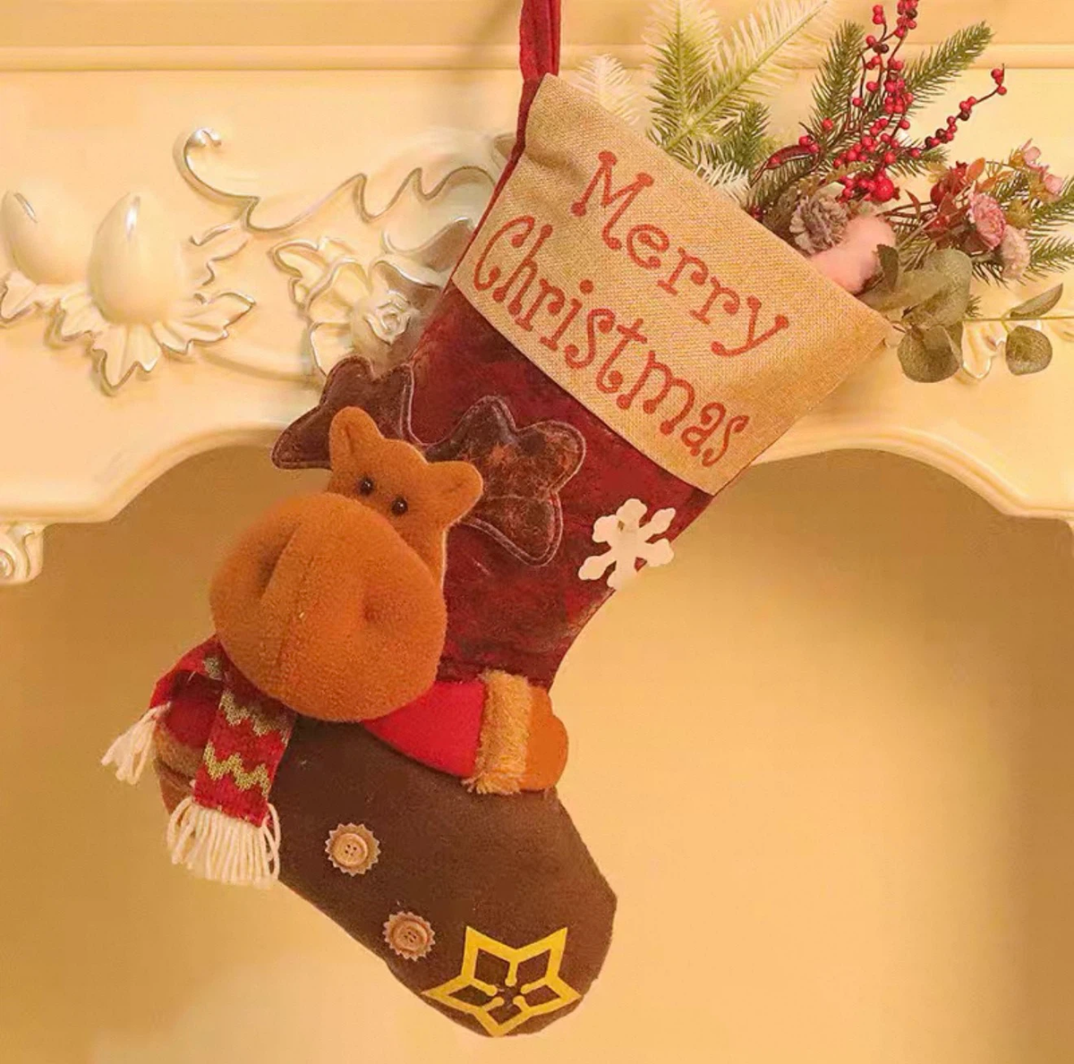 3D Reindeer Christmas Stocking, Burlap "Merry Christmas" Embroidery Xmas Gift Bag, Fireplace Mantel Holiday Decor
