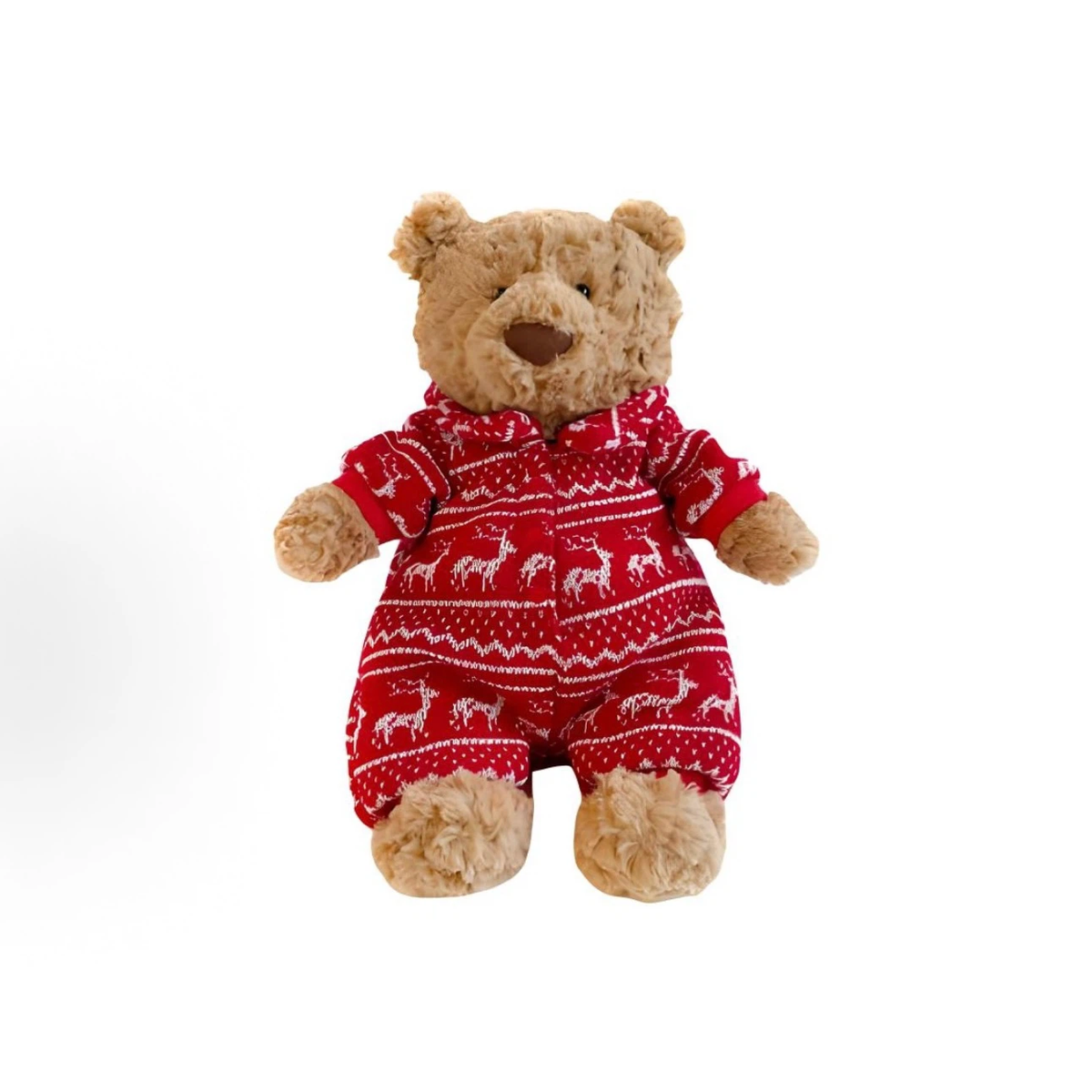 Christmas Teddy Bear Plush Toy, Brown Stuffed Bear with Red Reindeer Pajamas, Holiday Plush Gift & Stocking Stuffer