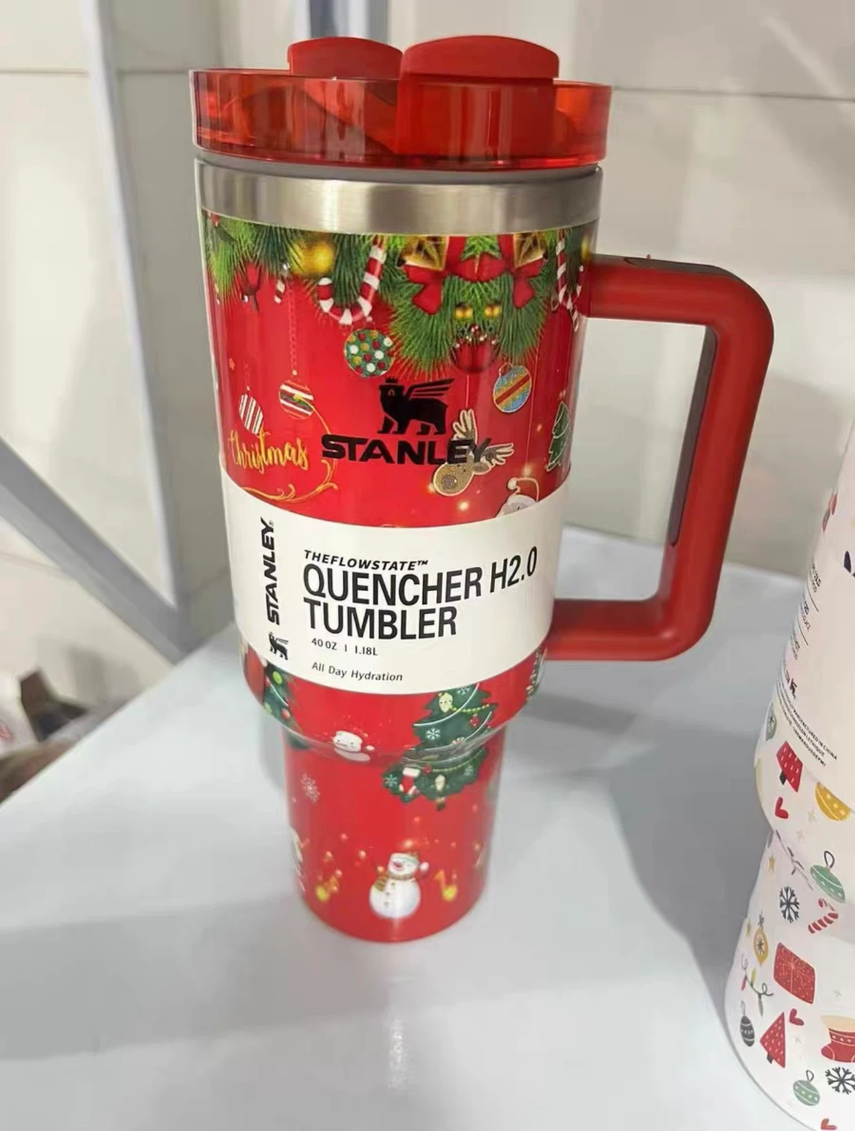 40oz Red Christmas Themed Insulated Tumbler, Stainless Steel Quencher Mug with Handle, Xmas Holiday Cup Gift
