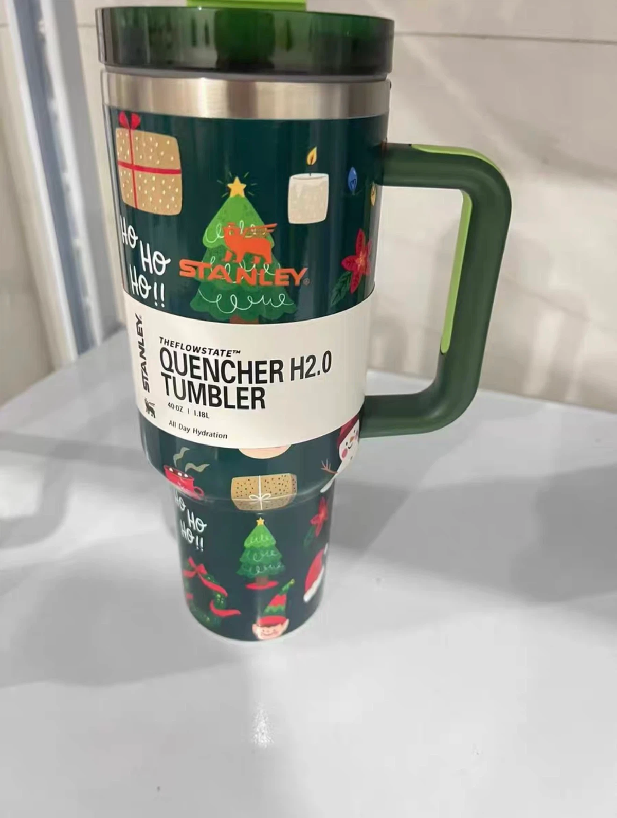 40oz Dark Green Christmas Tree Insulated Tumbler, Stainless Steel Quencher Travel Mug with Handle, Holiday Gift Cup