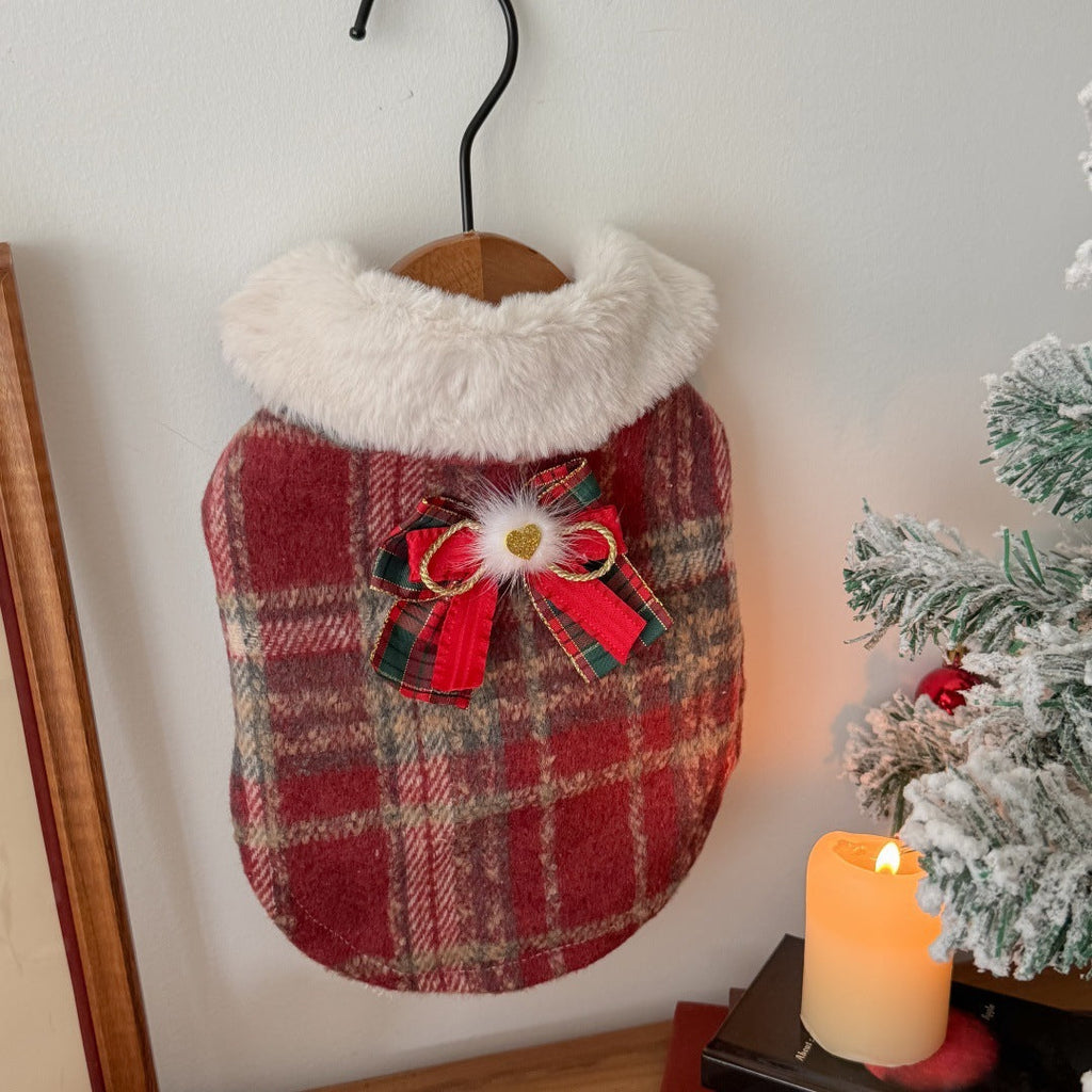 Xmas Fleece Collar Plaid Bow Dog Cat Cape