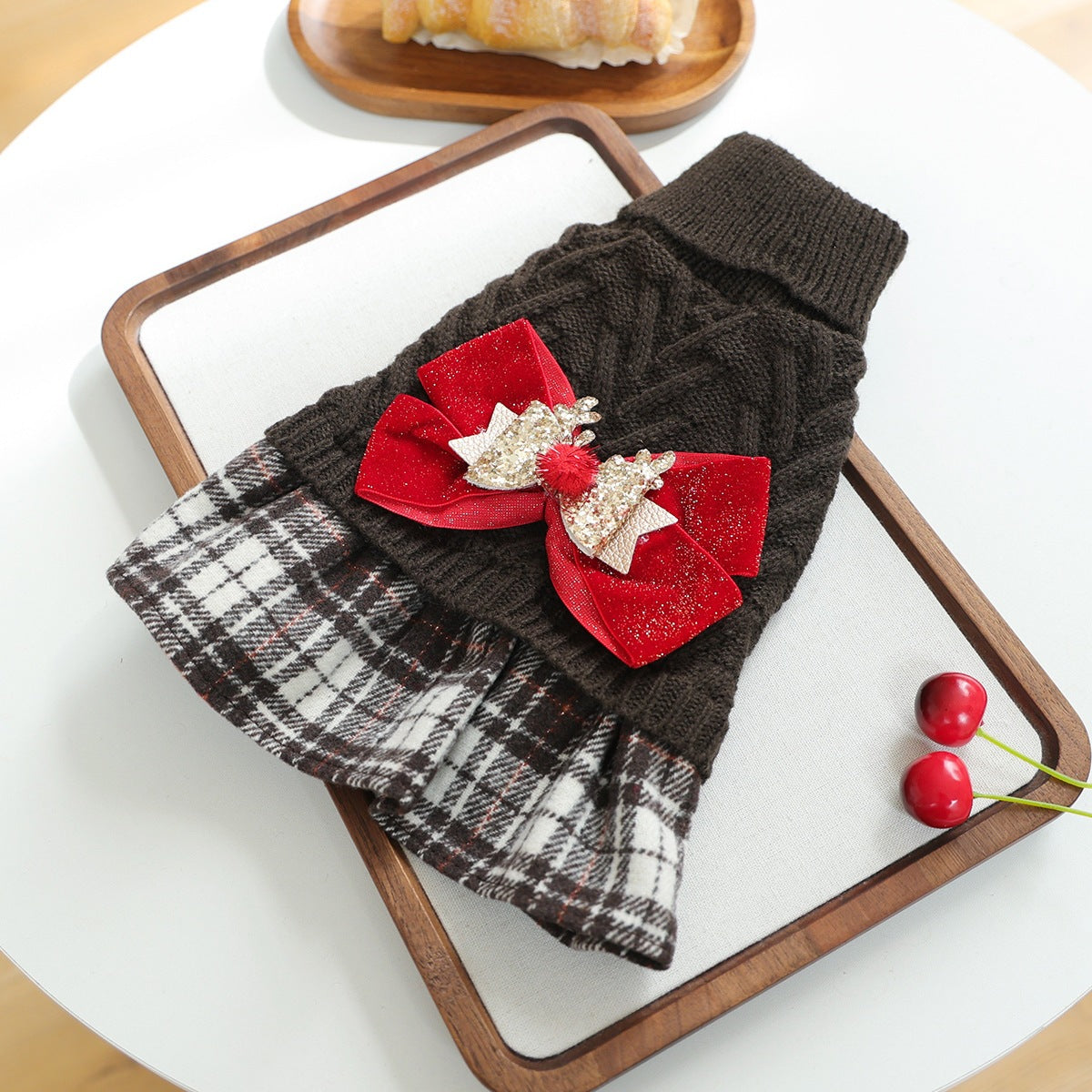 Christmas Bow Decor Dog Cat Knitted Dress