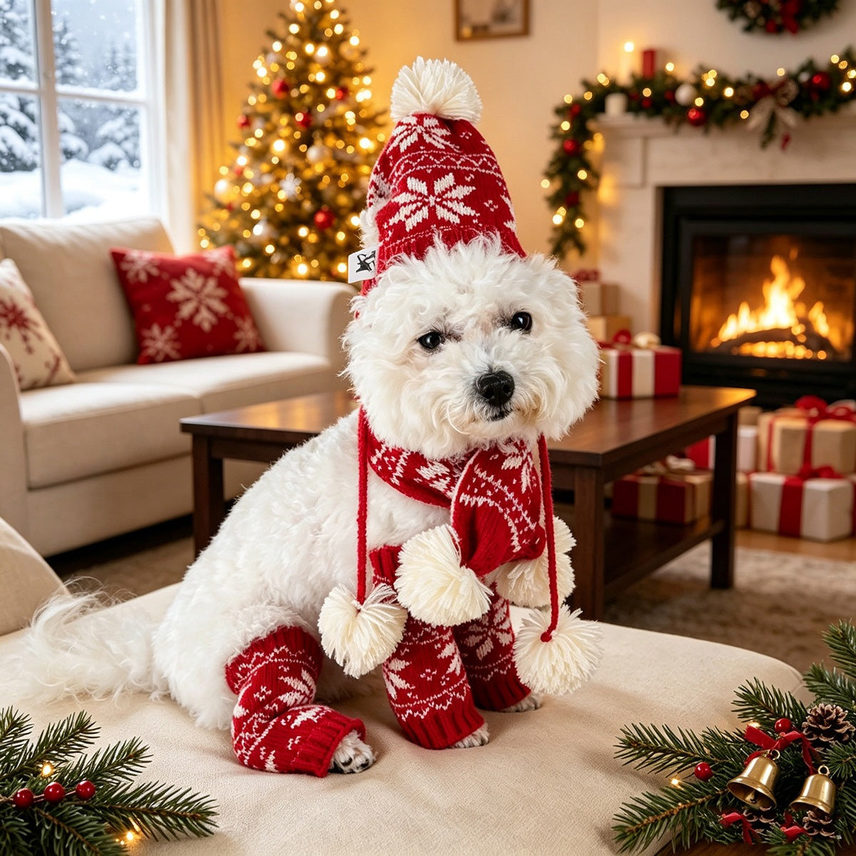Christmas Dog Cat Scarf Hat Socks 3pcs Set