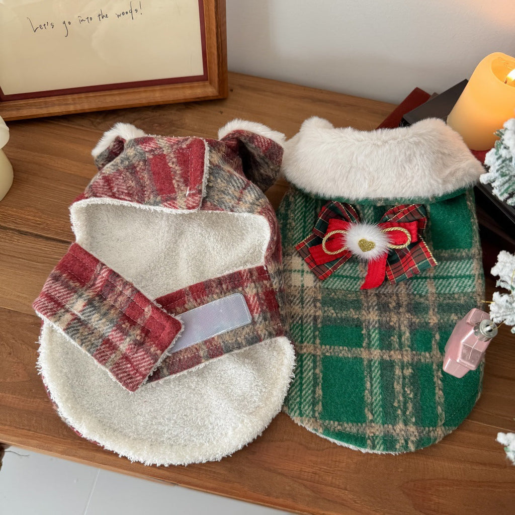 Xmas Fleece Collar Plaid Bow Dog Cat Cape
