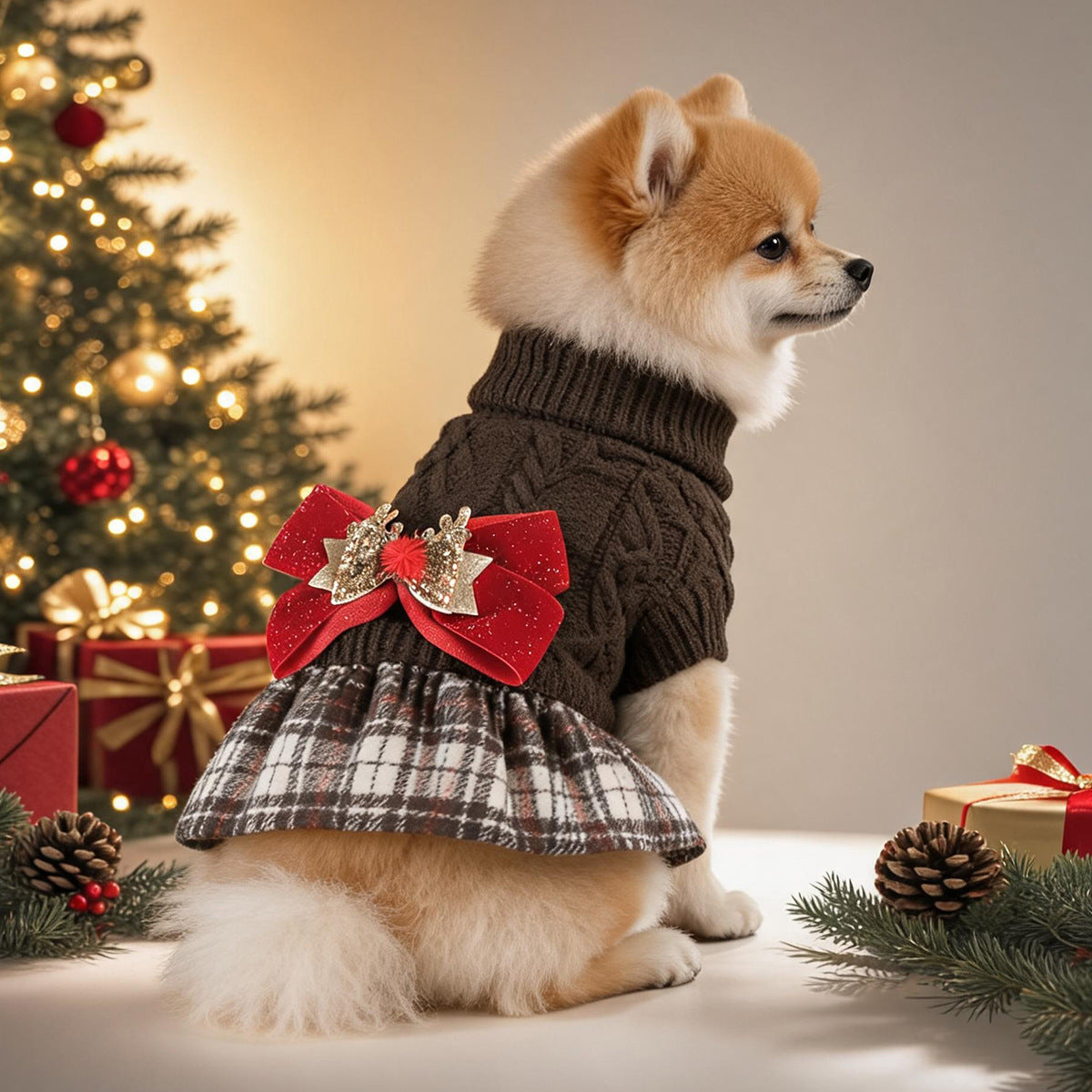 Christmas Bow Decor Dog Cat Knitted Dress