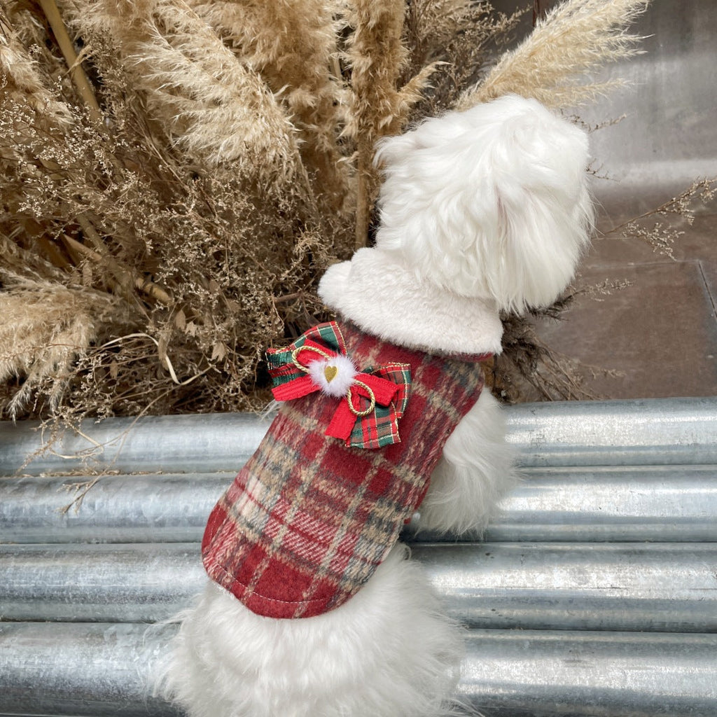 Xmas Fleece Collar Plaid Bow Dog Cat Cape
