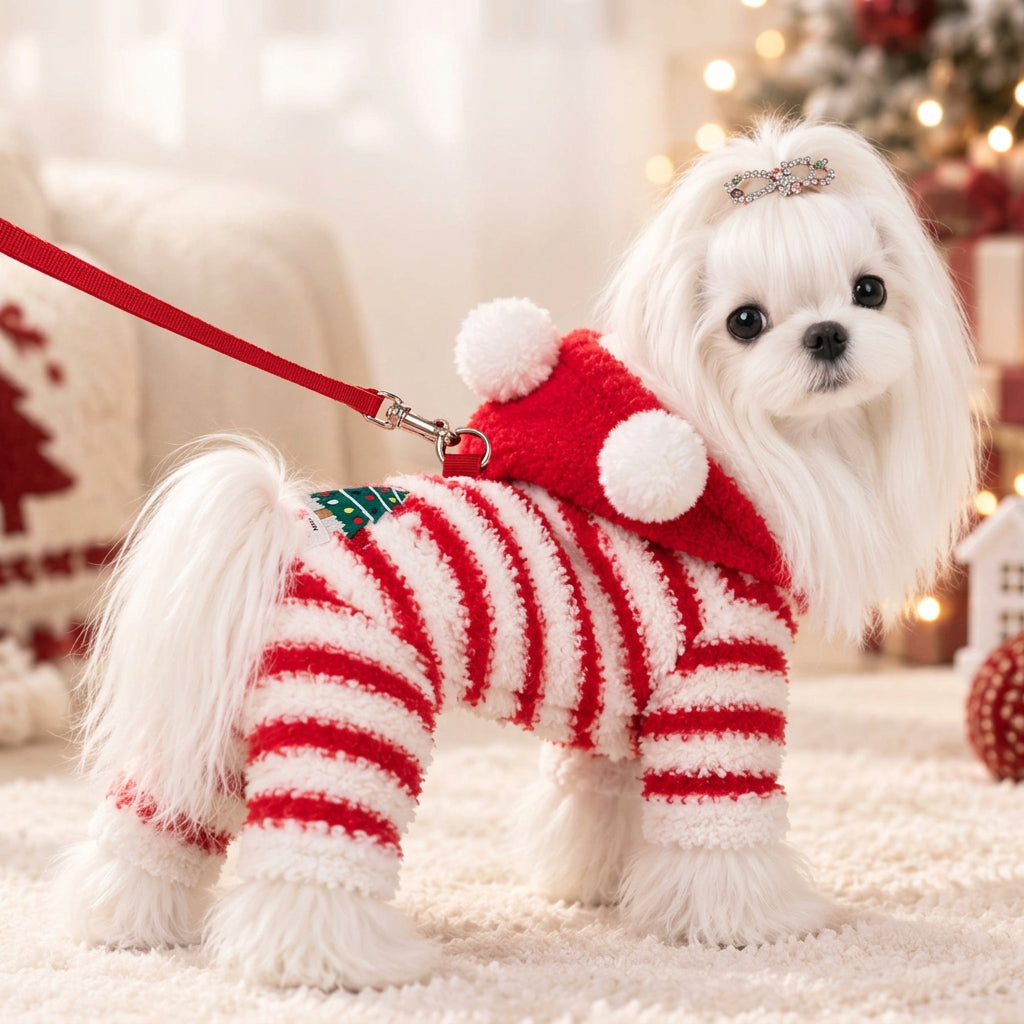 Christmas Tree Striped Furry Dog Cat Jumpsuits
