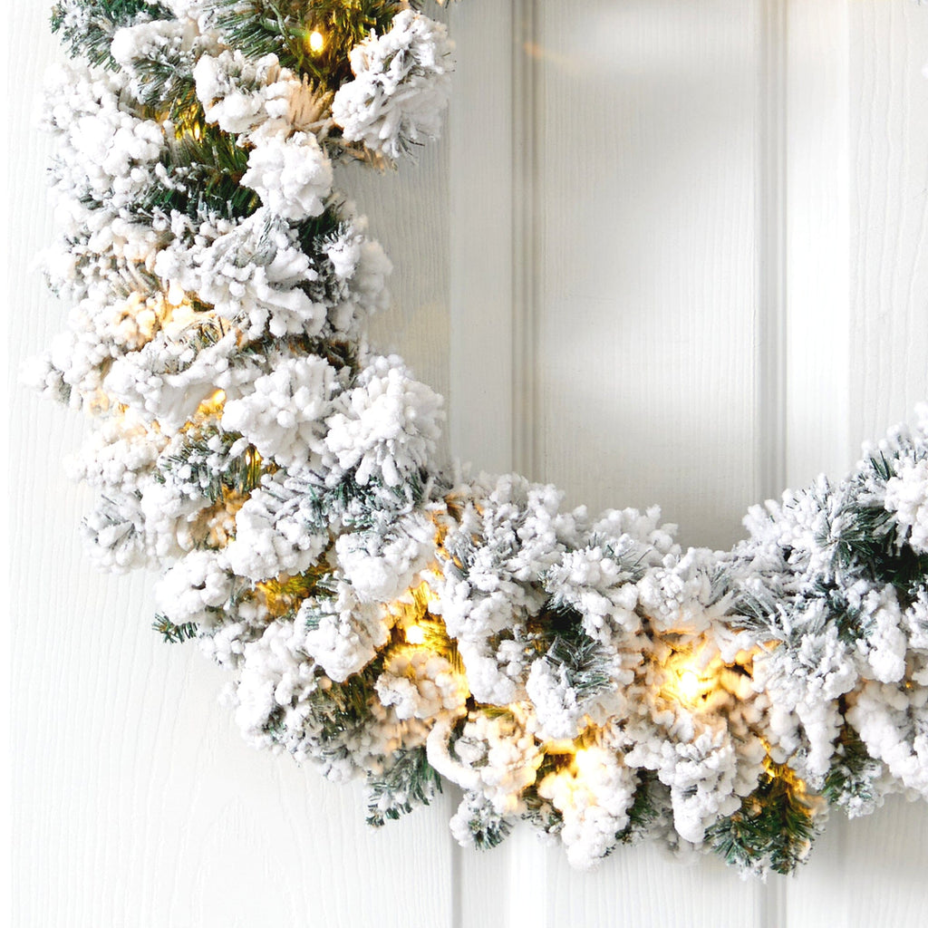 24-Inch Flocked Christmas Wreath with Pinecones and 35 Warm LED Lights - Pinecone Christmas Wreath